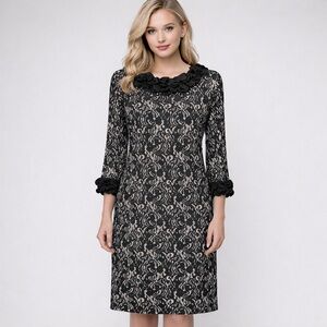 Alfani Black Floral Ruffle Sheath Dress Medium Whimsigoth Gothic Knee Length